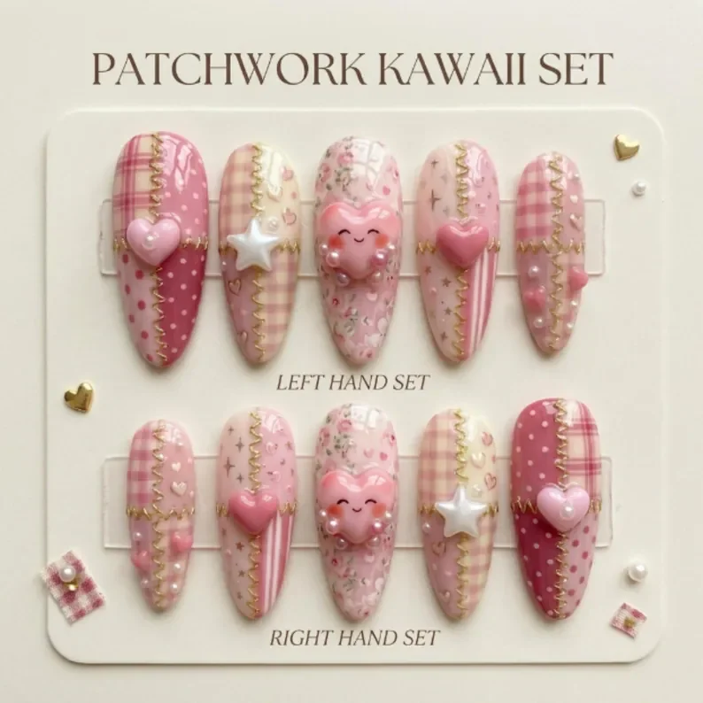 pink quilt patchwork, hand-painted 3d, press on nails, custom press on nails, fake nails, Nails Art, stained glass nails, gold press on nails, 3d press on nails, luxury press on nails, handmade press on nails