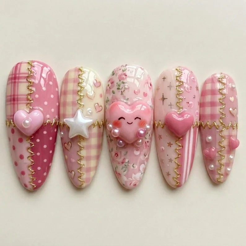 press on nails, kawaii coquette, custom press on nails, fake nails, Nails Art, stained glass nails, gold press on nails, 3d press on nails, luxury press on nails, handmade press on nails