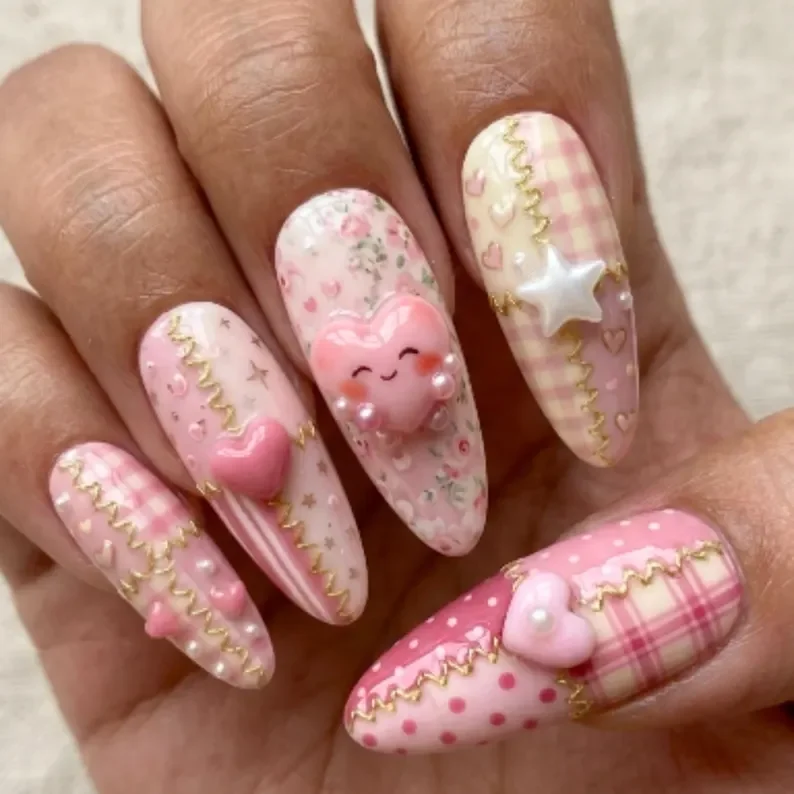 quilt patchwork nails, 3d press on, press on nails, custom press on nails, fake nails, Nails Art, stained glass nails, gold press on nails, 3d press on nails, luxury press on nails, handmade press on nails