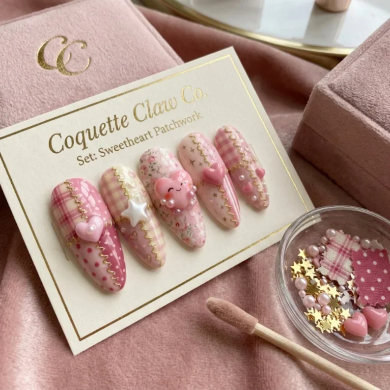coquette heart nails, pink quilt patchwork, press on nails, custom press on nails, fake nails, Nails Art, stained glass nails, gold press on nails, 3d press on nails, luxury press on nails, handmade press on nails