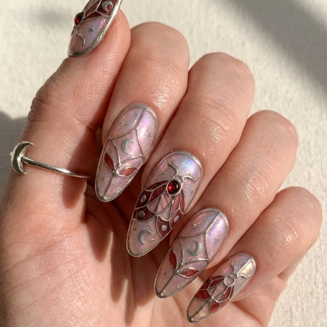 ruby red nails, celestial nails, press on nails, custom press on nails, fake nails, Nails Art, stained glass nails, gold press on nails, 3d press on nails, luxury press on nails, handmade press on nails