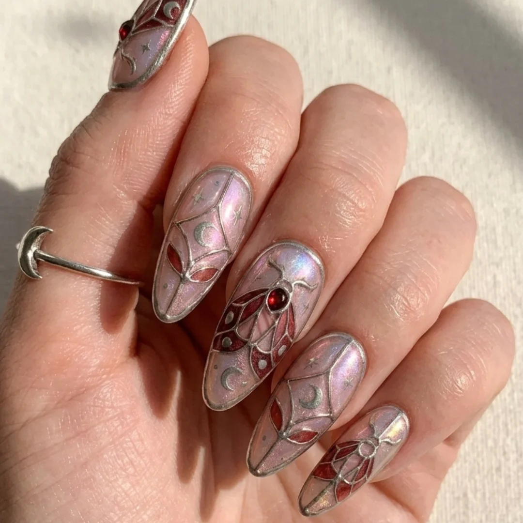 pink stained glass, press on nails, custom press on nails, fake nails, Nails Art, stained glass nails, gold press on nails, 3d press on nails, luxury press on nails, handmade press on nails