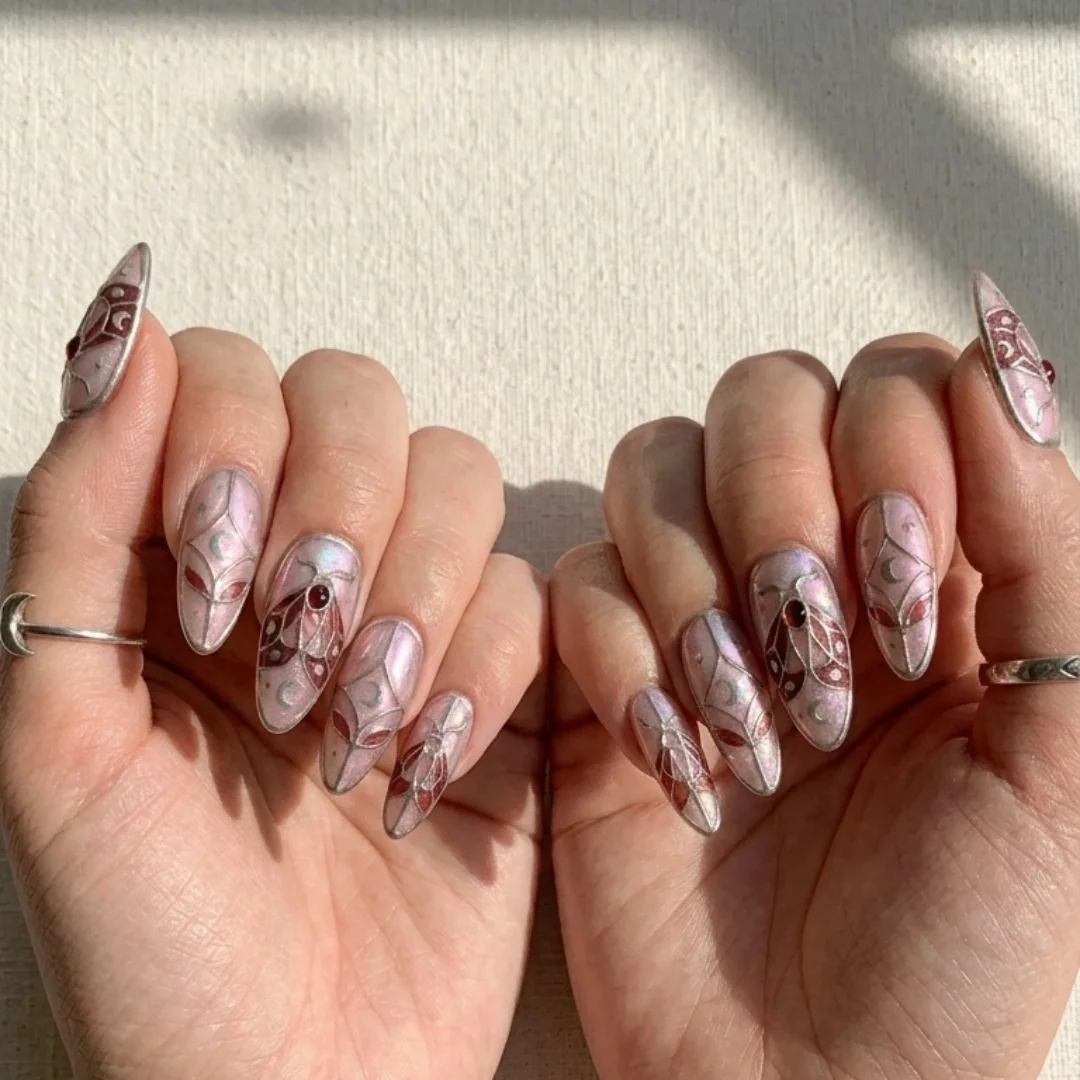 3D silver relief, moon and stars, press on nails, custom press on nails, fake nails, Nails Art, stained glass nails, gold press on nails, 3d press on nails, luxury press on nails, handmade press on nails