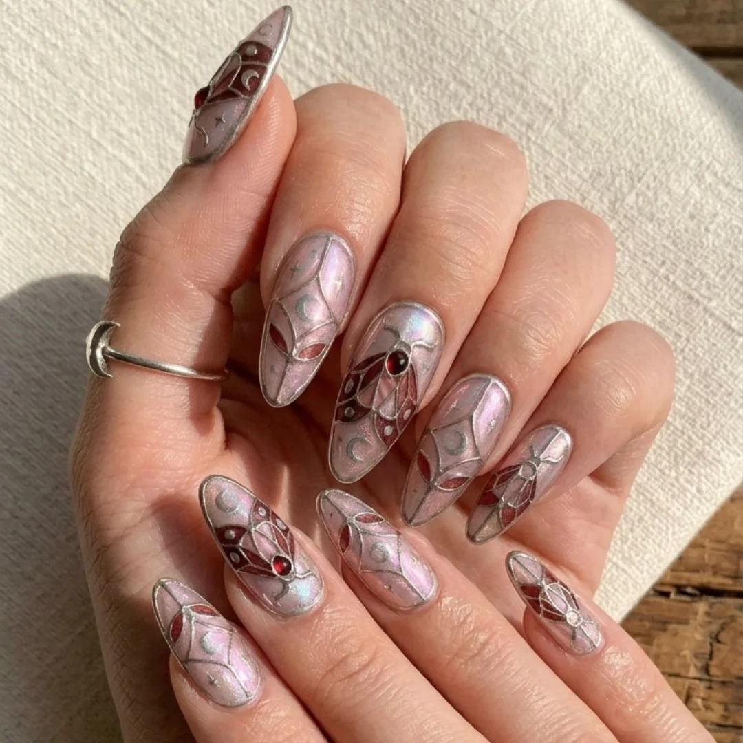 pink stained glass, press on nails, custom press on nails, fake nails, Nails Art, stained glass nails, gold press on nails, 3d press on nails, luxury press on nails, handmade press on nails