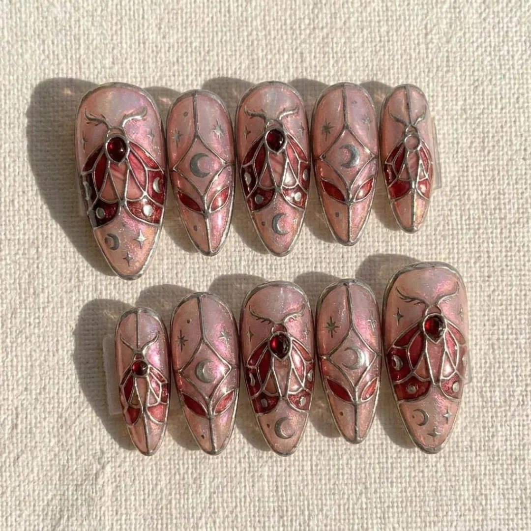 ruby red nails, celestial nails, press on nails, custom press on nails, fake nails, Nails Art, stained glass nails, gold press on nails, 3d press on nails, luxury press on nails, handmade press on nails