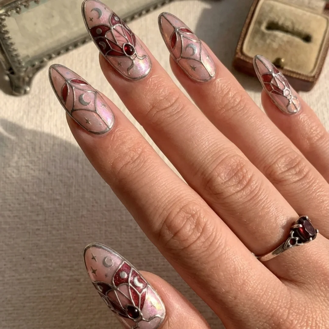 pink stained glass, press on nails, custom press on nails, fake nails, Nails Art, stained glass nails, gold press on nails, 3d press on nails, luxury press on nails, handmade press on nails