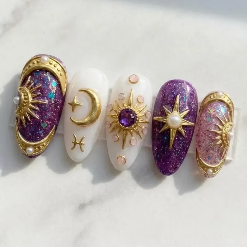 Pisces celestial dream, 3D press on nails, press on nails, custom press on nails, fake nails, Nails Art, stained glass nails, gold press on nails, 3d press on nails, luxury press on nails, handmade press on nails