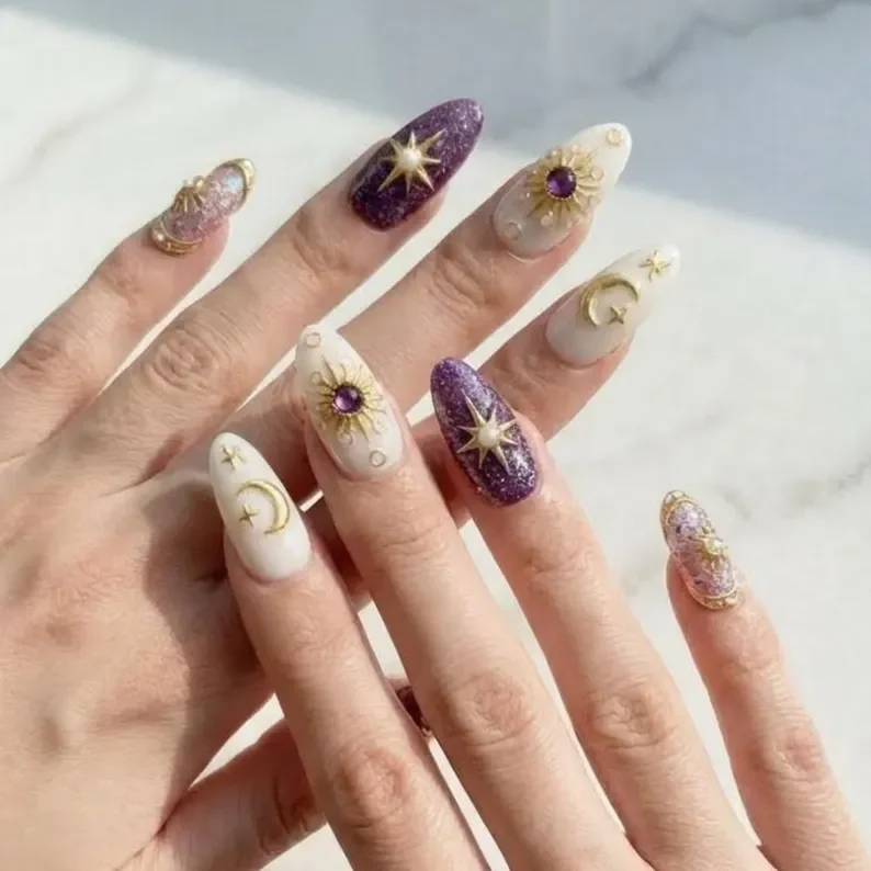 luxury purple nails, galaxy nail art, press on nails, custom press on nails, fake nails, Nails Art, stained glass nails, gold press on nails, 3d press on nails, luxury press on nails, handmade press on nails