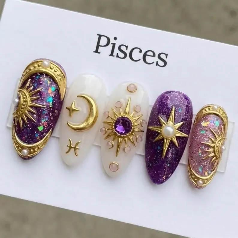 celestial nail art, press-on nail set, press on nails, custom press on nails, fake nails, Nails Art, stained glass nails, gold press on nails, 3d press on nails, luxury press on nails, handmade press on nails