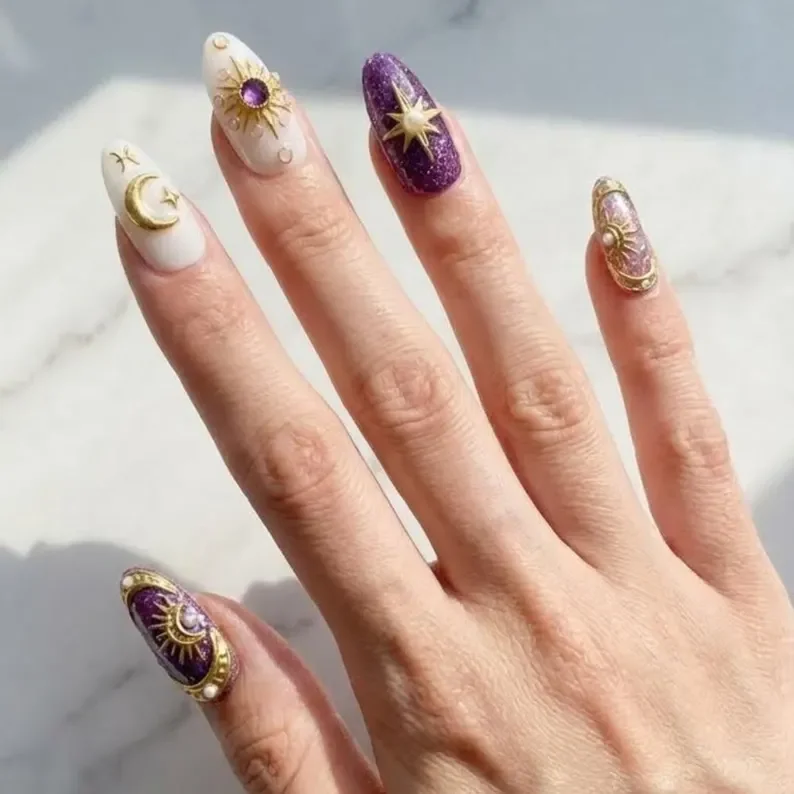 Pisces celestial dream, 3D press on nails, press on nails, custom press on nails, fake nails, Nails Art, stained glass nails, gold press on nails, 3d press on nails, luxury press on nails, handmade press on nails