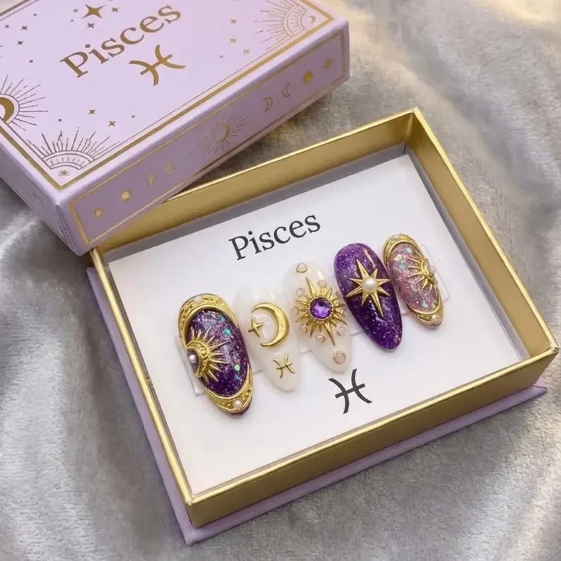 luxury purple nails, galaxy nail art, press on nails, custom press on nails, fake nails, Nails Art, stained glass nails, gold press on nails, 3d press on nails, luxury press on nails, handmade press on nails