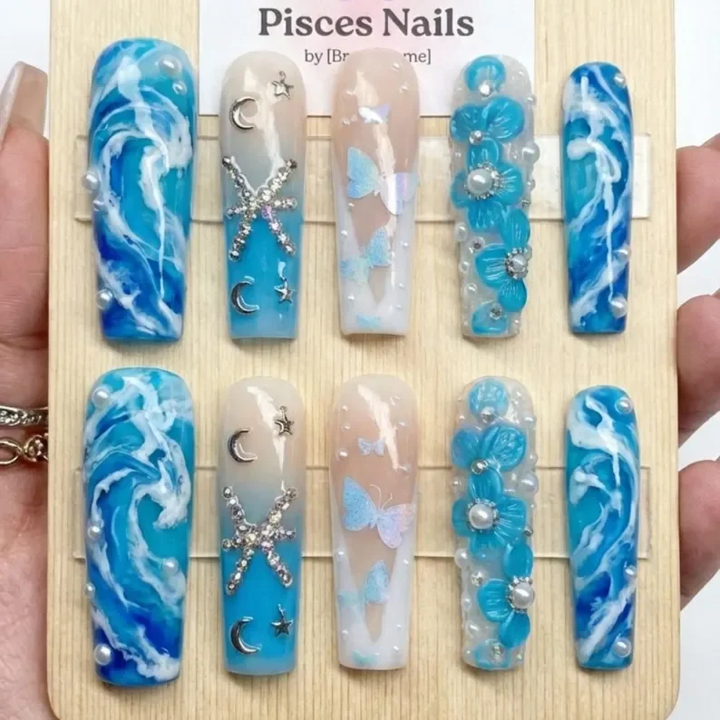 Pisces zodiac nails, Celestial sea nails, press on nails, custom press on nails, fake nails, Nails Art, stained glass nails, gold press on nails, 3d press on nails, luxury press on nails, handmade press on nails