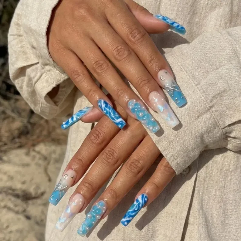 Shimmer press on, 3D mermaidcore, press on nails, custom press on nails, fake nails, Nails Art, stained glass nails, gold press on nails, 3d press on nails, luxury press on nails, handmade press on nails
