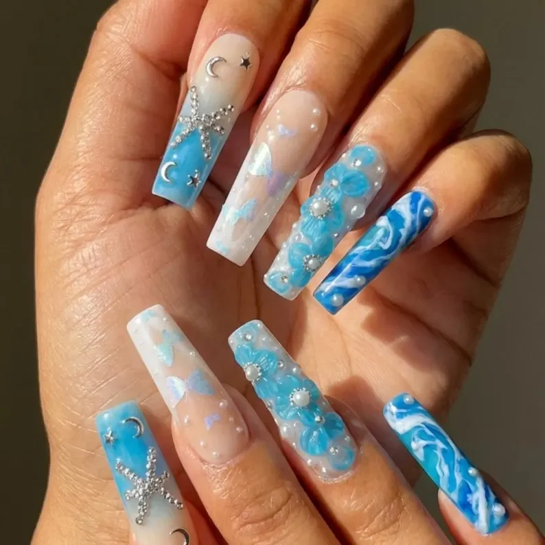 Mermaidcore nails, Pisces press on nails, press on nails, custom press on nails, fake nails, Nails Art, stained glass nails, gold press on nails, 3d press on nails, luxury press on nails, handmade press on nails