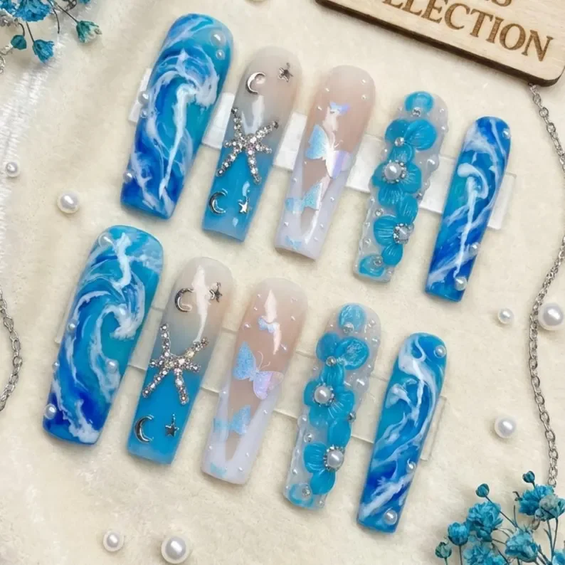 Pisces zodiac nails, Celestial sea nails, press on nails, custom press on nails, fake nails, Nails Art, stained glass nails, gold press on nails, 3d press on nails, luxury press on nails, handmade press on nails