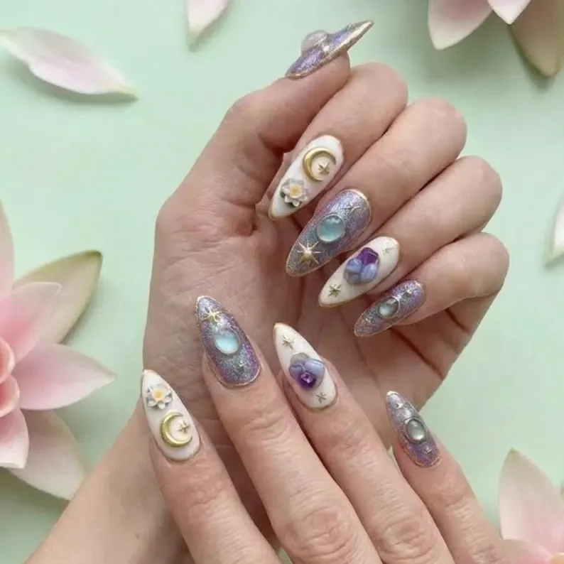 zodiac press on, mystic crystal nail art, press on nails, custom press on nails, fake nails, Nails Art, stained glass nails, gold press on nails, 3d press on nails, luxury press on nails, handmade press on nails