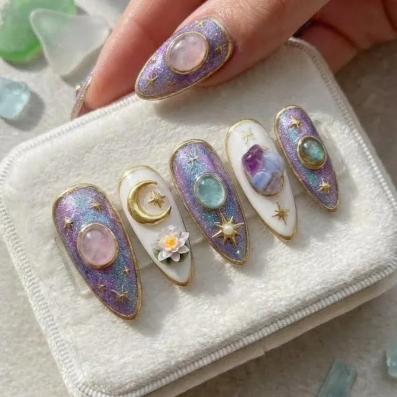 lotus nail art, 3D zodiac nails, press on nails, custom press on nails, fake nails, Nails Art, stained glass nails, gold press on nails, 3d press on nails, luxury press on nails, handmade press on nails