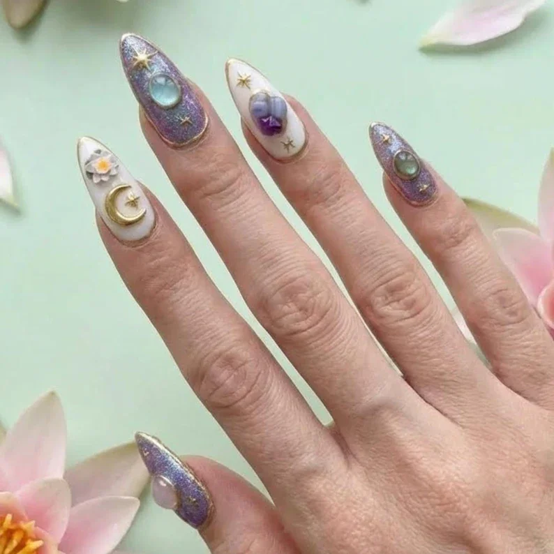 crystal lotus nails, Pisces zodiac nails, press on nails, custom press on nails, fake nails, Nails Art, stained glass nails, gold press on nails, 3d press on nails, luxury press on nails, handmade press on nails