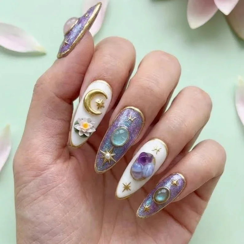 Pisces magic season, luxury 3D nails, press on nails, custom press on nails, fake nails, Nails Art, stained glass nails, gold press on nails, 3d press on nails, luxury press on nails, handmade press on nails
