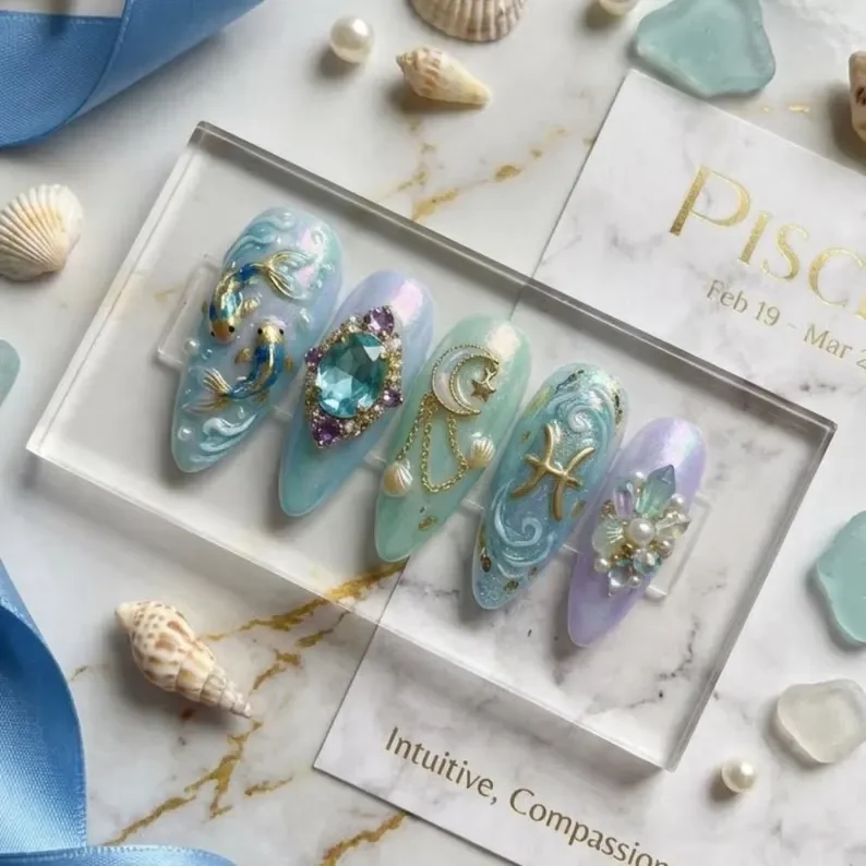 Pisces zodiac nails, Luxury press on nails, press on nails, custom press on nails, fake nails, Nails Art, stained glass nails, gold press on nails, 3d press on nails, luxury press on nails, handmade press on nails