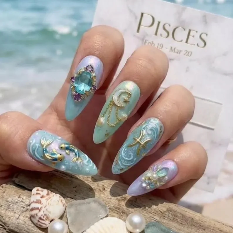 3D zodiac nails, Dreamer nail design, press on nails, custom press on nails, fake nails, Nails Art, stained glass nails, gold press on nails, 3d press on nails, luxury press on nails, handmade press on nails