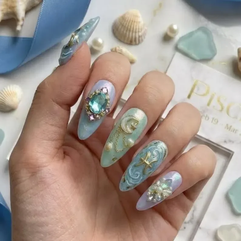 Hand painted koi, Mermaid nail art, press on nails, custom press on nails, fake nails, Nails Art, stained glass nails, gold press on nails, 3d press on nails, luxury press on nails, handmade press on nails