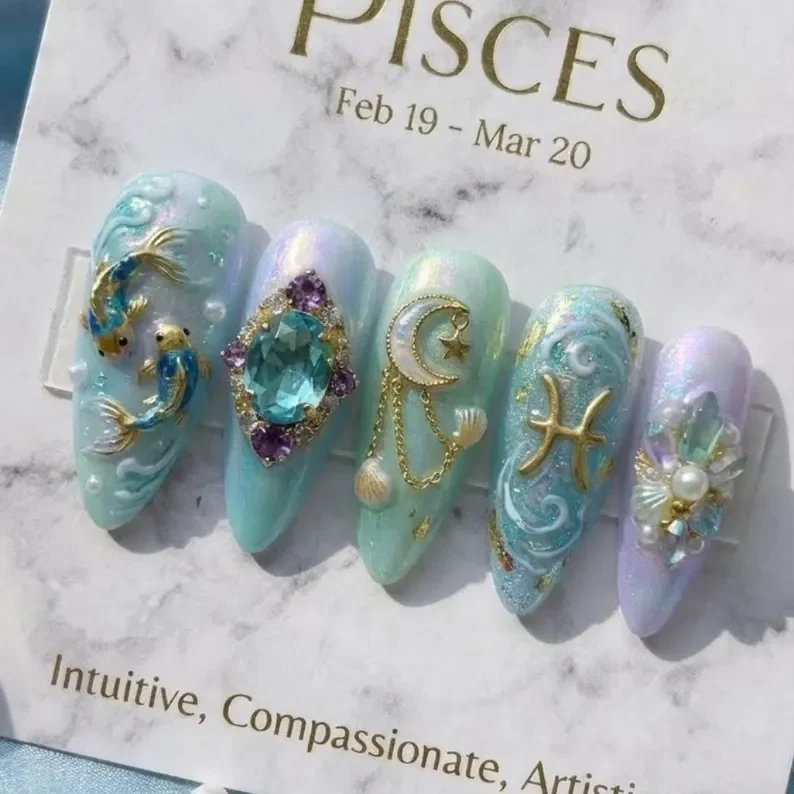 Pisces nail art, Koi fish nails, press on nails, custom press on nails, fake nails, Nails Art, stained glass nails, gold press on nails, 3d press on nails, luxury press on nails, handmade press on nails
