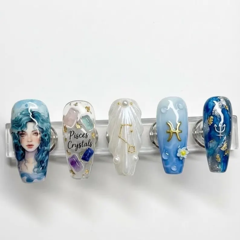 Pisces nail design, Crystal nail art, press on nails, custom press on nails, fake nails, Nails Art, stained glass nails, gold press on nails, 3d press on nails, luxury press on nails, handmade press on nails