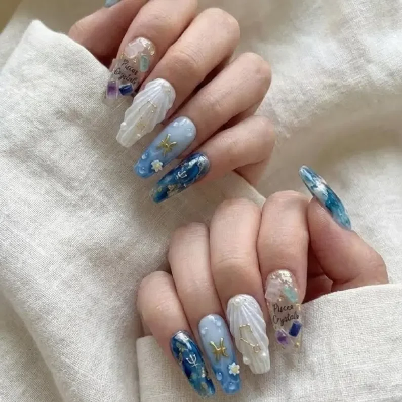Mystic crystal nails, Sea goddess nails, press on nails, custom press on nails, fake nails, Nails Art, stained glass nails, gold press on nails, 3d press on nails, luxury press on nails, handmade press on nails