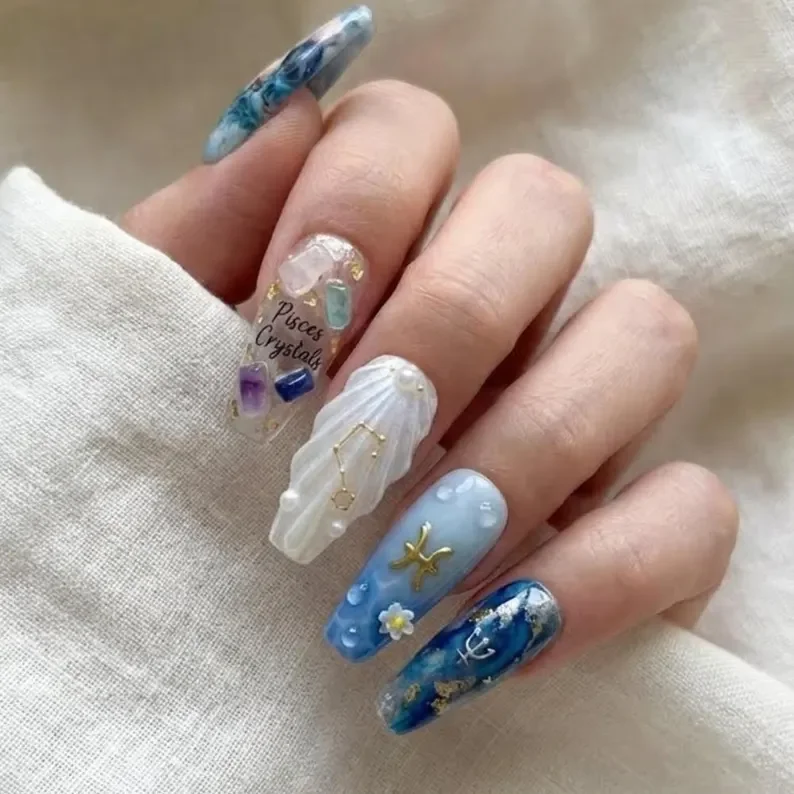 Zodiac nail art, Press-on nail set, press on nails, custom press on nails, fake nails, Nails Art, stained glass nails, gold press on nails, 3d press on nails, luxury press on nails, handmade press on nails