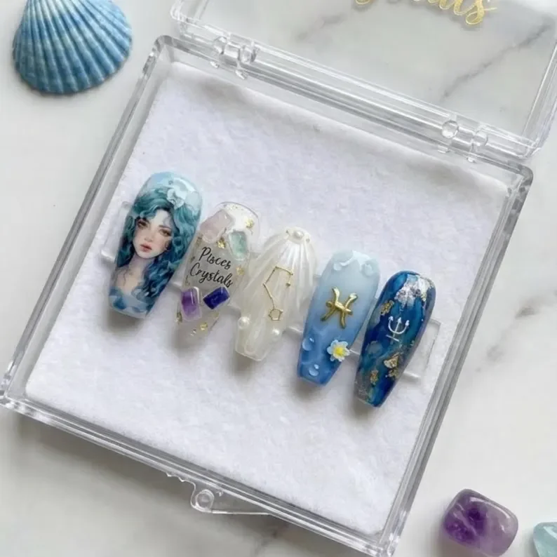 Pisces nail design, Crystal nail art, press on nails, custom press on nails, fake nails, Nails Art, stained glass nails, gold press on nails, 3d press on nails, luxury press on nails, handmade press on nails