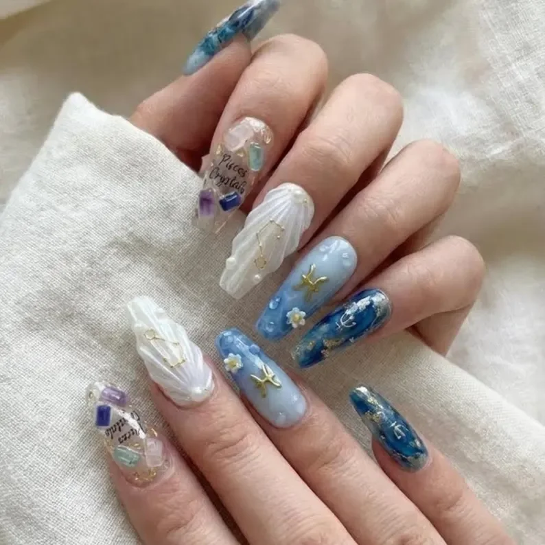 Pisces zodiac nails, Dreamer press on, press on nails, custom press on nails, fake nails, Nails Art, stained glass nails, gold press on nails, 3d press on nails, luxury press on nails, handmade press on nails