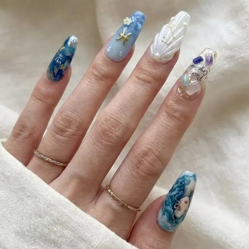 Mystic crystal nails, Sea goddess nails, press on nails, custom press on nails, fake nails, Nails Art, stained glass nails, gold press on nails, 3d press on nails, luxury press on nails, handmade press on nails