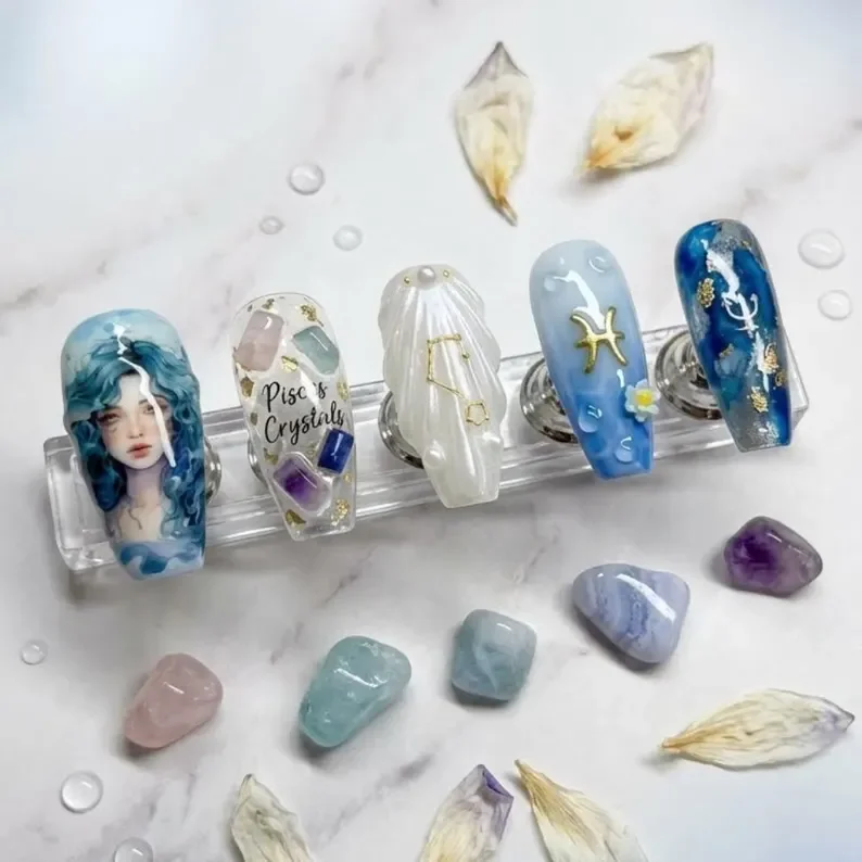Zodiac nail art, Press-on nail set, press on nails, custom press on nails, fake nails, Nails Art, stained glass nails, gold press on nails, 3d press on nails, luxury press on nails, handmade press on nails