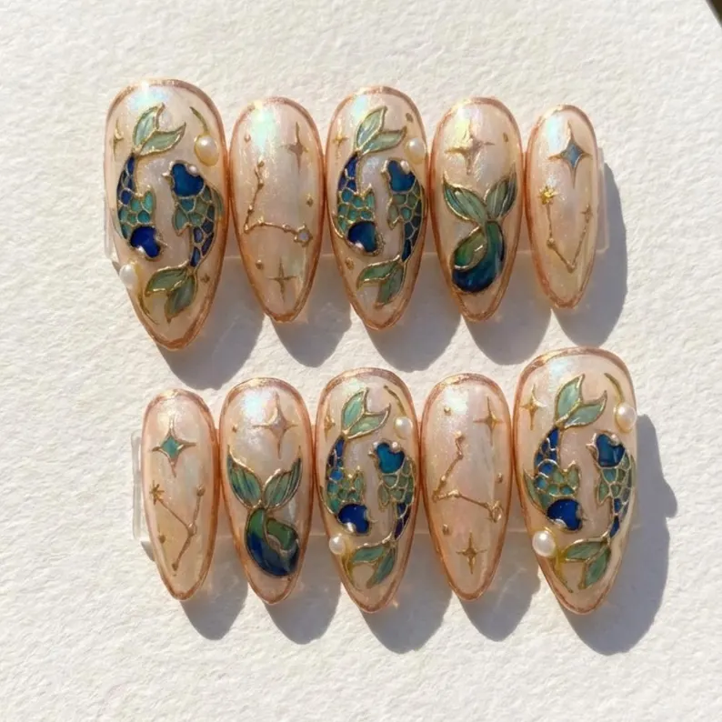 Hand painted koi, Koi fish nails, press on nails, custom press on nails, fake nails, Nails Art, stained glass nails, gold press on nails, 3d press on nails, luxury press on nails, handmade press on nails