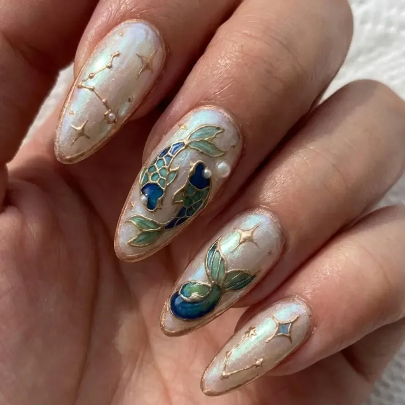 Hand painted koi, Koi fish nails, press on nails, custom press on nails, fake nails, Nails Art, stained glass nails, gold press on nails, 3d press on nails, luxury press on nails, handmade press on nails