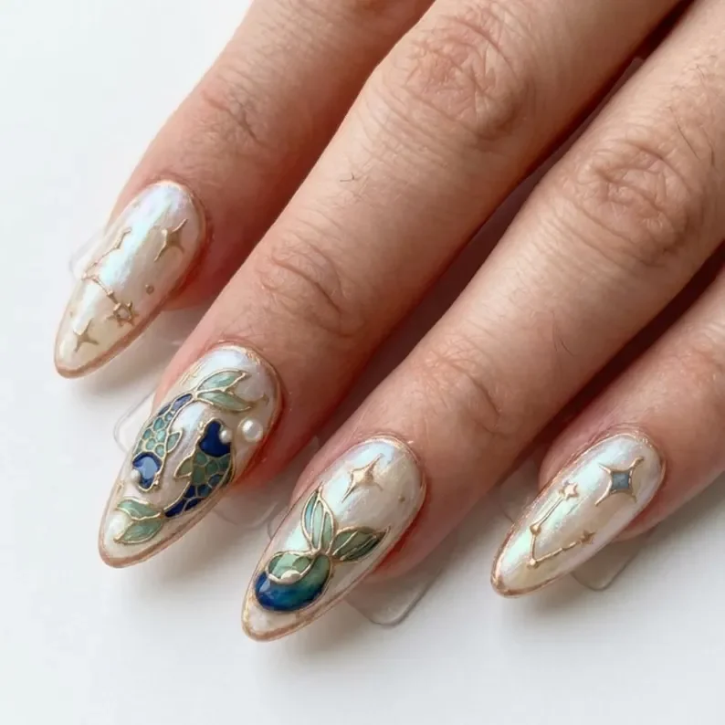 Pisces nail design, Ocean themed nails, press on nails, custom press on nails, fake nails, Nails Art, stained glass nails, gold press on nails, 3d press on nails, luxury press on nails, handmade press on nails