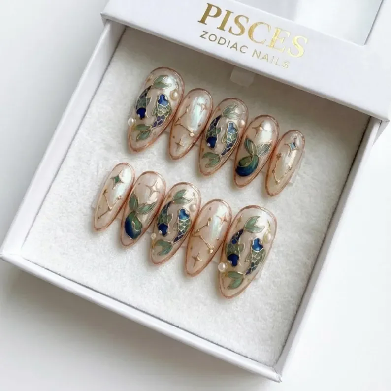 Pisces zodiac nails, Press on nails, press on nails, custom press on nails, fake nails, Nails Art, stained glass nails, gold press on nails, 3d press on nails, luxury press on nails, handmade press on nails