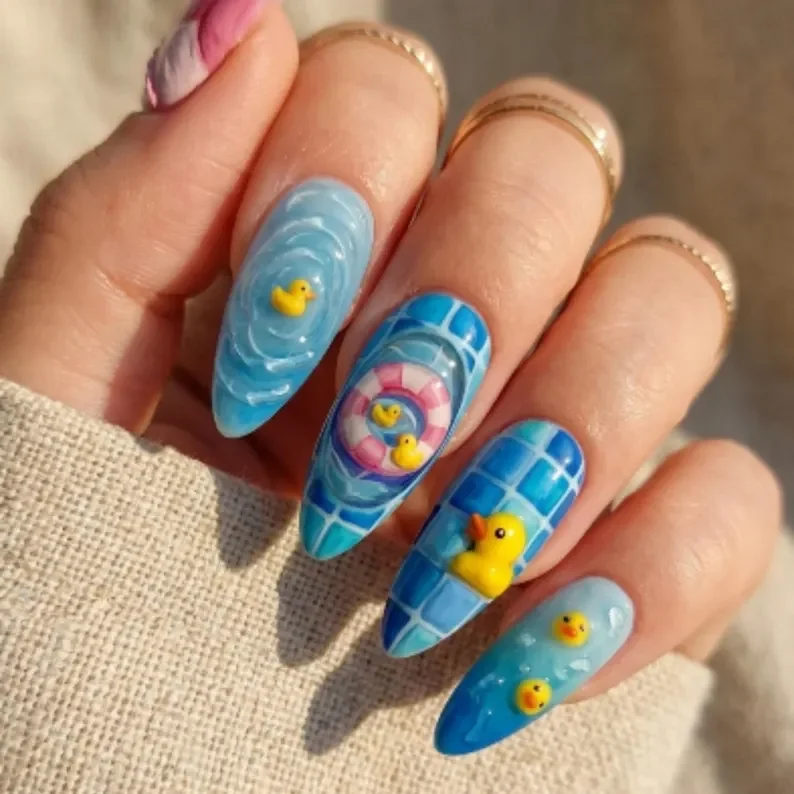 summer pool party, 3D water ripple, press on nails, custom press on nails, fake nails, Nails Art, stained glass nails, gold press on nails, 3d press on nails, luxury press on nails, handmade press on nails