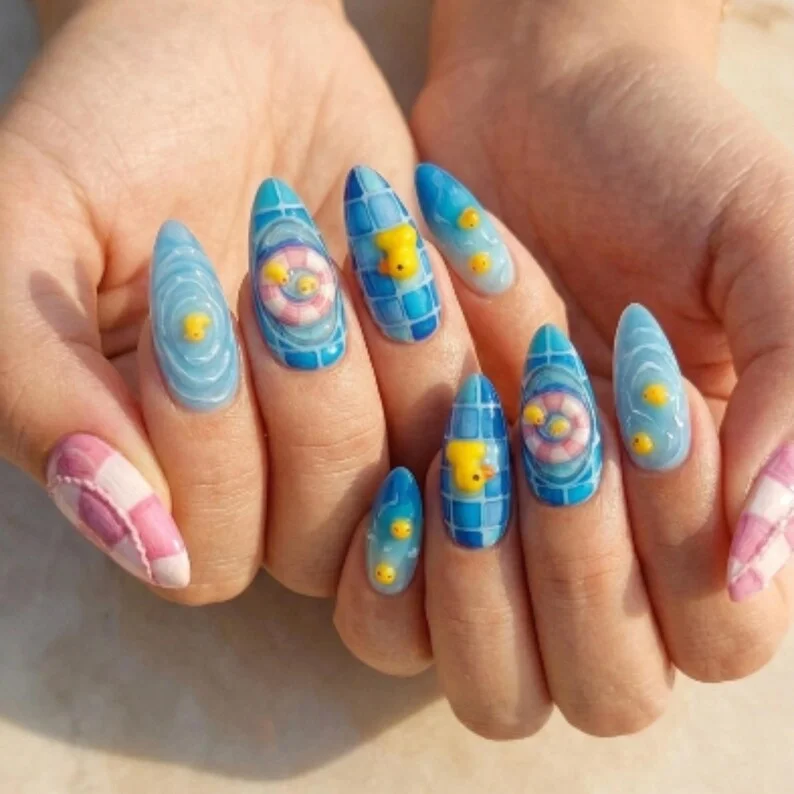 pool party manicure, summer nail set, press on nails, custom press on nails, fake nails, Nails Art, stained glass nails, gold press on nails, 3d press on nails, luxury press on nails, handmade press on nails