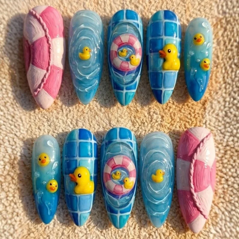 press on nails, rubber ducky nails, custom press on nails, fake nails, Nails Art, stained glass nails, gold press on nails, 3d press on nails, luxury press on nails, handmade press on nails