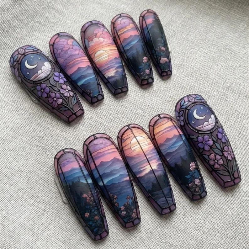 Purple Dusk nails, Matte press on nails, press on nails, custom press on nails, fake nails, Nails Art, stained glass nails, gold press on nails, 3d press on nails, luxury press on nails, handmade press on nails