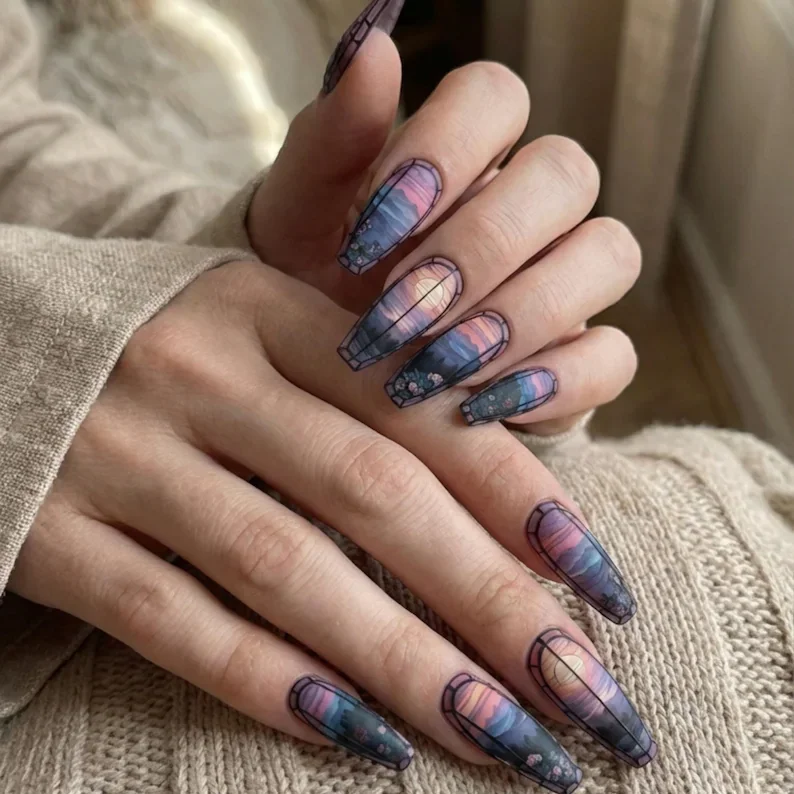 Stained glass nails, 3D mountain sunset, press on nails, custom press on nails, fake nails, Nails Art, stained glass nails, gold press on nails, 3d press on nails, luxury press on nails, handmade press on nails