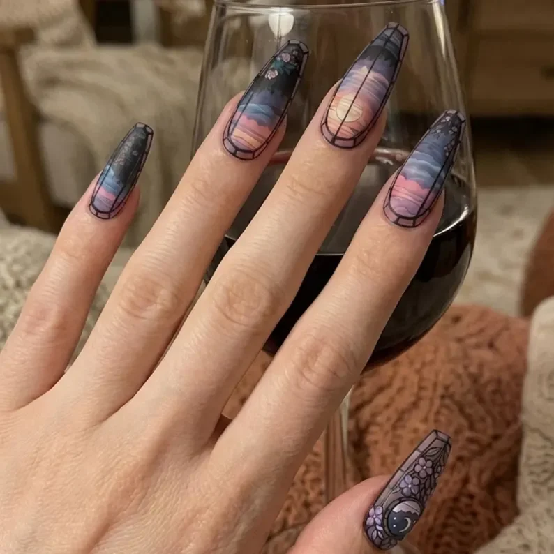 Purple sunset nails, Gothic press on nails, press on nails, custom press on nails, fake nails, Nails Art, stained glass nails, gold press on nails, 3d press on nails, luxury press on nails, handmade press on nails