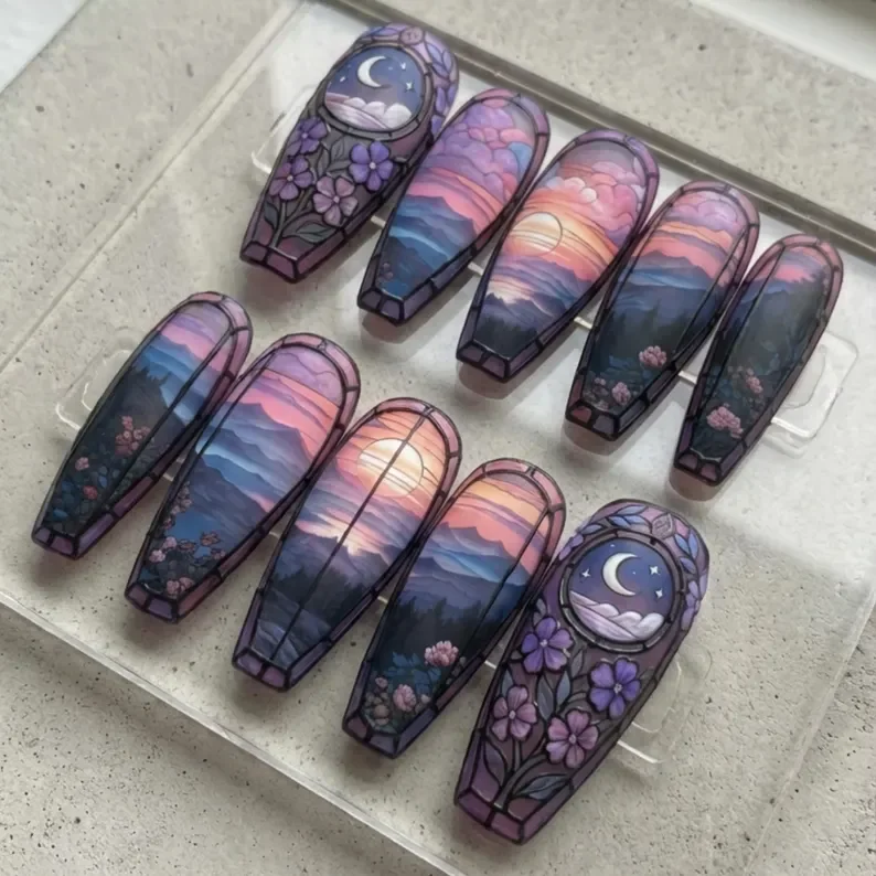 Purple Dusk nails, Matte press on nails, press on nails, custom press on nails, fake nails, Nails Art, stained glass nails, gold press on nails, 3d press on nails, luxury press on nails, handmade press on nails