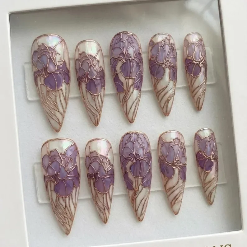 purple iris nails, stained glass nails, press on nails, custom press on nails, fake nails, Nails Art, gold press on nails, 3d press on nails, luxury press on nails, handmade press on nails