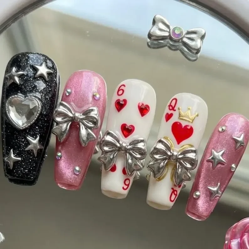 black glitter nails, pink cat eye, press on nails, custom press on nails, fake nails, Nails Art, stained glass nails, gold press on nails, 3d press on nails, luxury press on nails, handmade press on nails