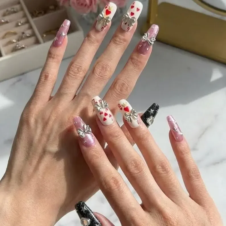 cat eye nails, y2k silver bows, press on nails, custom press on nails, fake nails, Nails Art, stained glass nails, gold press on nails, 3d press on nails, luxury press on nails, handmade press on nails