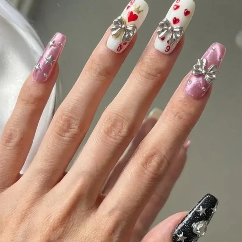 silver bow nails, y2k nails, press on nails, custom press on nails, fake nails, Nails Art, stained glass nails, gold press on nails, 3d press on nails, luxury press on nails, handmade press on nails