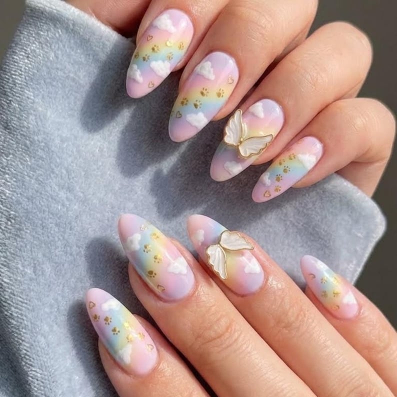 angel wing nails, reusable press on, press on nails, custom press on nails, fake nails, Nails Art, stained glass nails, gold press on nails, 3d press on nails, luxury press on nails, handmade press on nails